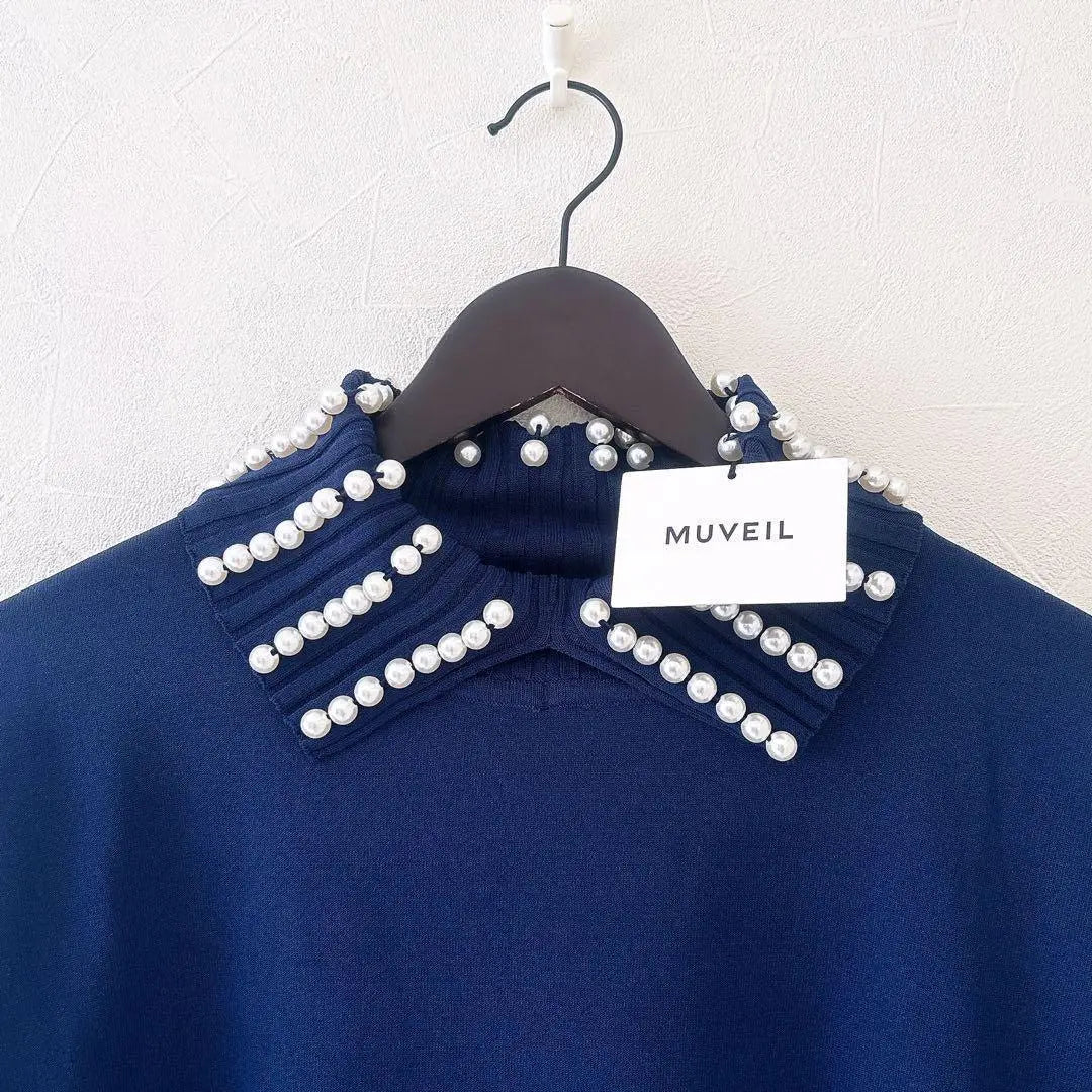 《Nuevo》MUVEIL Jersey de punto con cuello de perla y manga larga con abertura azul marino M