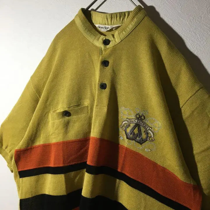 [Used clothing for unique clothing] Made in Japan, short sleeve band collar top, men's L, mustard, linen