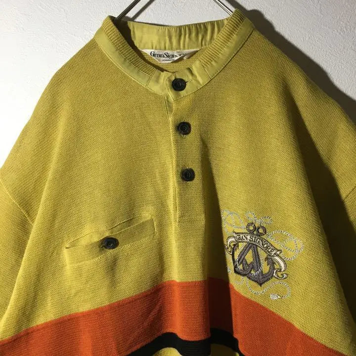 [Used clothing for unique clothing] Made in Japan, short sleeve band collar top, men's L, mustard, linen