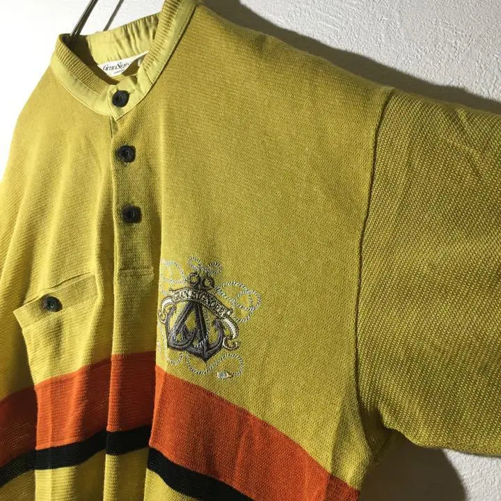 [Used clothing for unique clothing] Made in Japan, short sleeve band collar top, men's L, mustard, linen