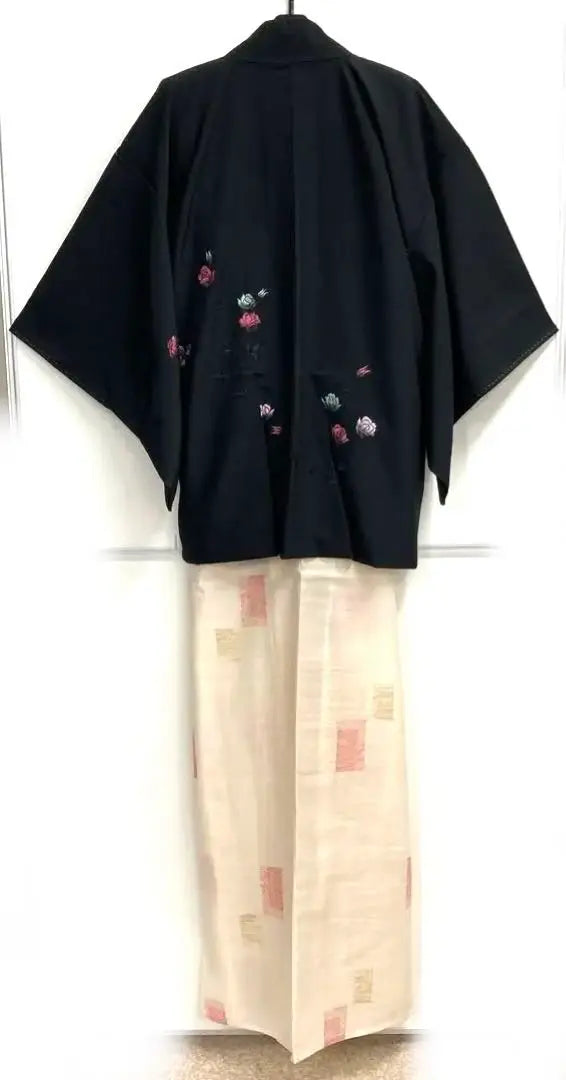 Kimono, Komon, vestido estilo japonés, Hakone, conjunto de 2 piezas, Michiyuki, abrigo, rosa, bordado, negro, Showa retro