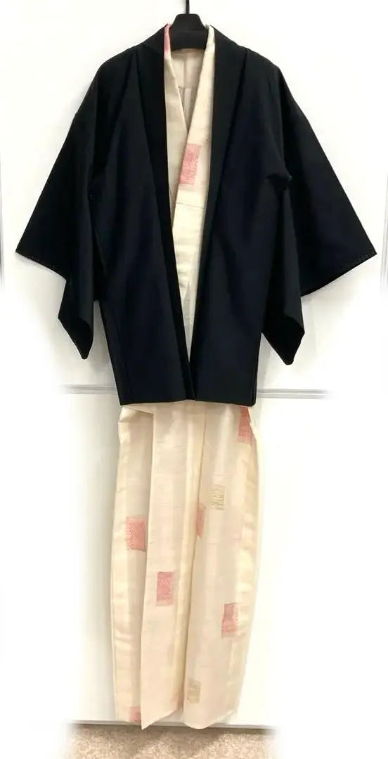 Kimono, Komon, vestido estilo japonés, Hakone, conjunto de 2 piezas, Michiyuki, abrigo, rosa, bordado, negro, Showa retro