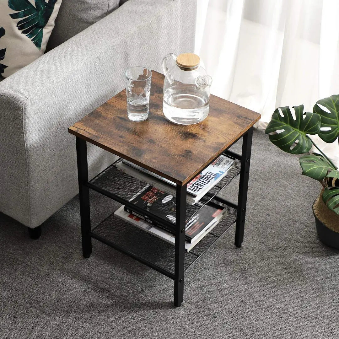 Side table with elegant vintage wood grain and steel frame | サイドテーブル 木目調とスチールフレームでエレガント ヴィンテージ