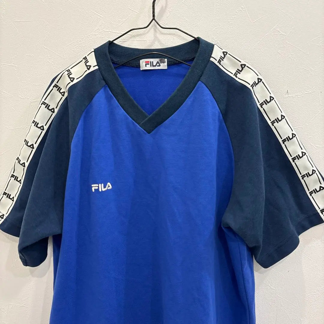 QM1278 FILA Fila Short Sleeve T -shirt v Neck Blue Men L | QM1278 FILA フィラ半袖tシャツ Vネックブルー　メンズL以上　古着