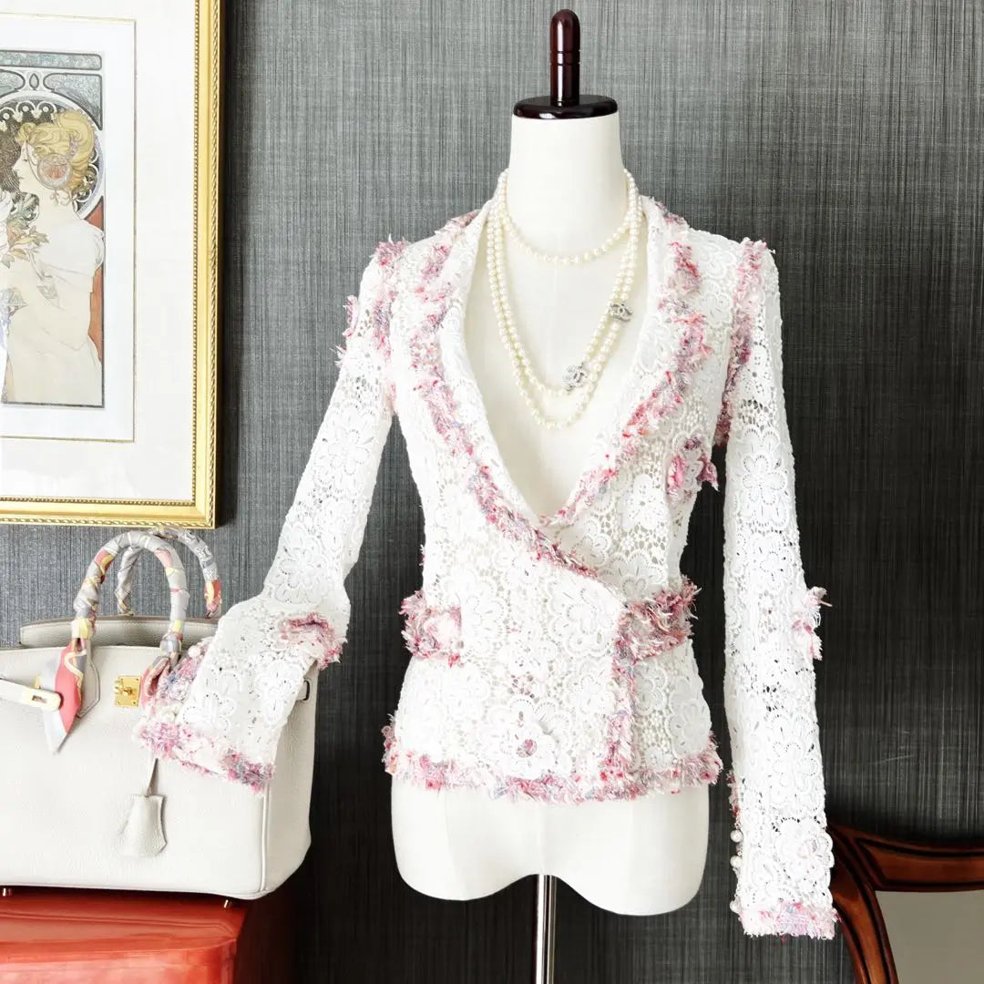 Good condition CHANEL Chanel embroidered cuffs lace pearl jacket tweed | 美品　CHANELシャネル　刺繍　カフス付　レース　パール　ジャケット　ツイード