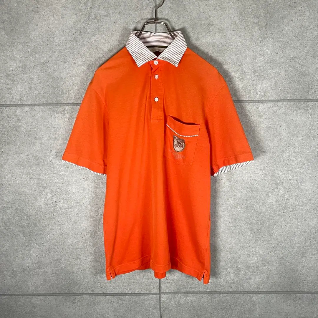 [Used clothing] adabat short sleeve polo shirt embroidered patch dog collar stripe orange | [古着]adabat　半袖　ポロシャツ　刺繍ワッペン　犬　襟ストライプ　オレンジ