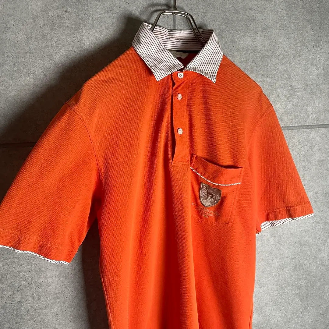 [Used clothing] adabat short sleeve polo shirt embroidered patch dog collar stripe orange | [古着]adabat　半袖　ポロシャツ　刺繍ワッペン　犬　襟ストライプ　オレンジ