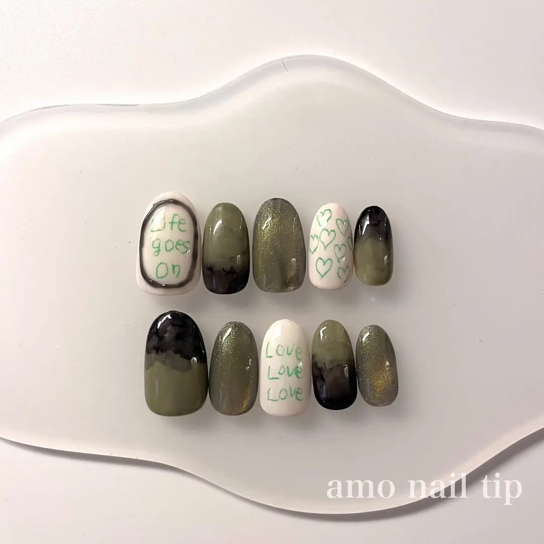 [Pedido] Puntas de uñas únicas, puntas de uñas con garabatos, puntas de uñas escritas a mano, color caqui