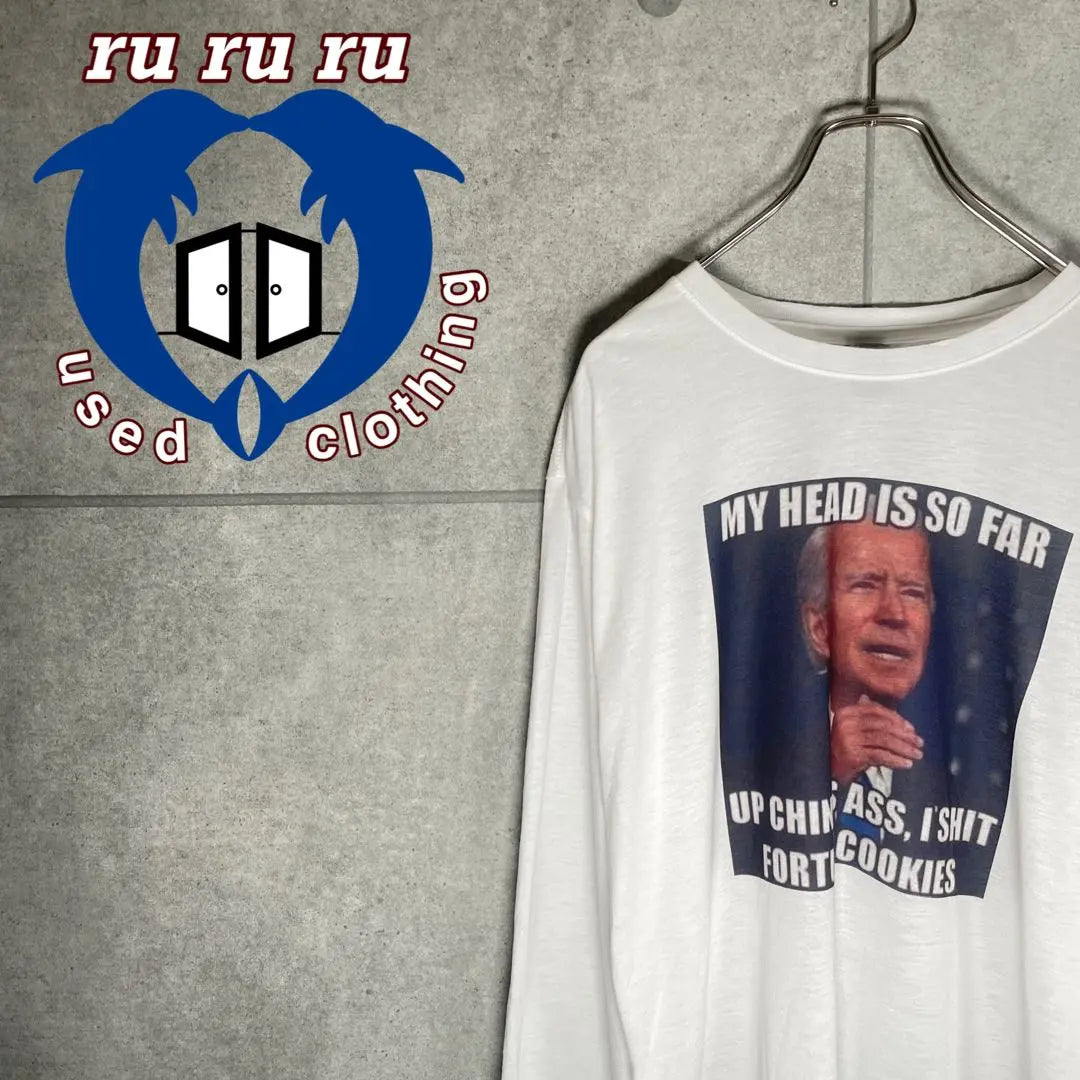 [Ropa usada] Camiseta vintage de manga larga, mensaje del presidente Biden, impresión a doble cara, color blanco