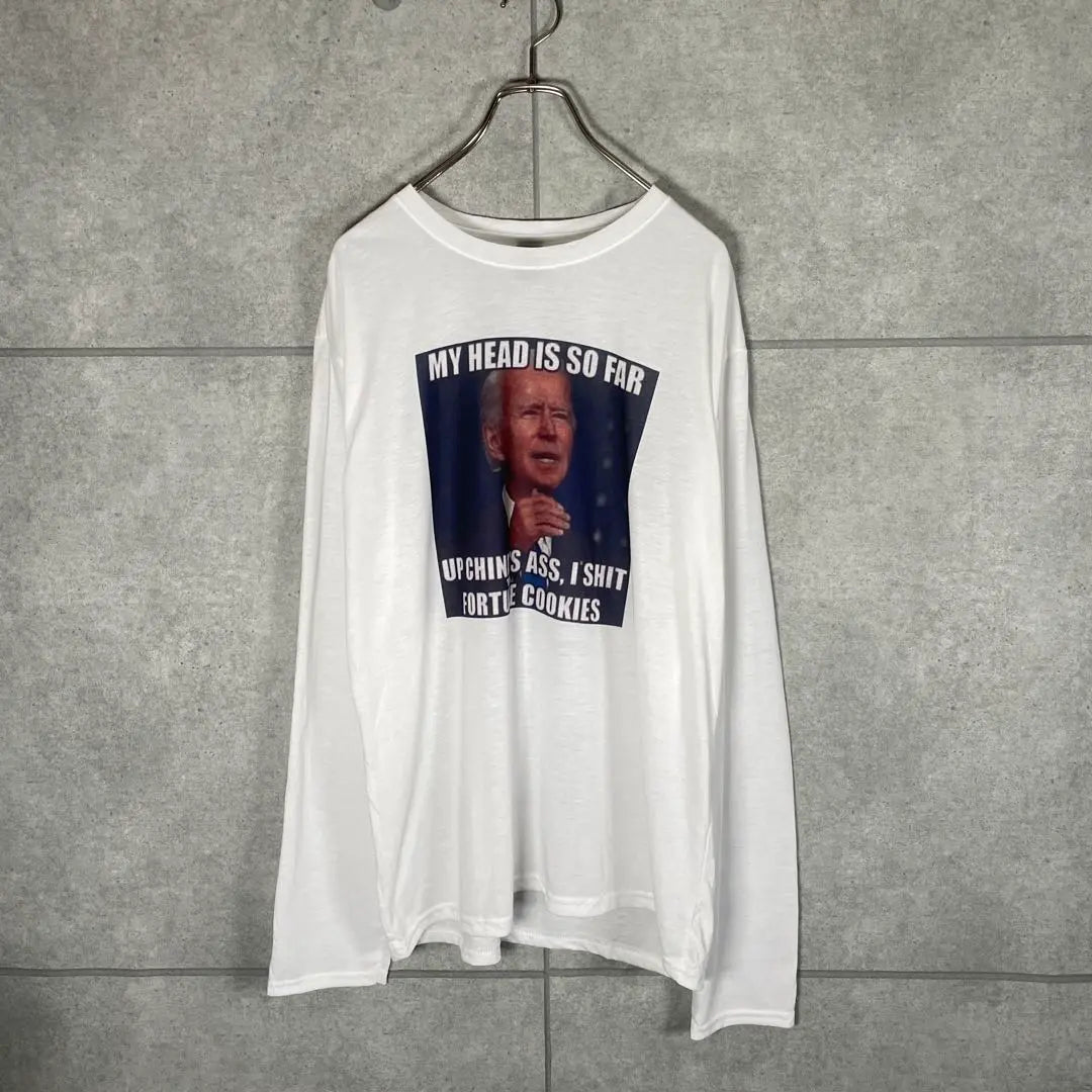 [Ropa usada] Camiseta vintage de manga larga, mensaje del presidente Biden, impresión a doble cara, color blanco