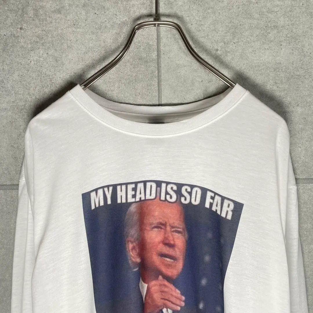 [Ropa usada] Camiseta vintage de manga larga, mensaje del presidente Biden, impresión a doble cara, color blanco