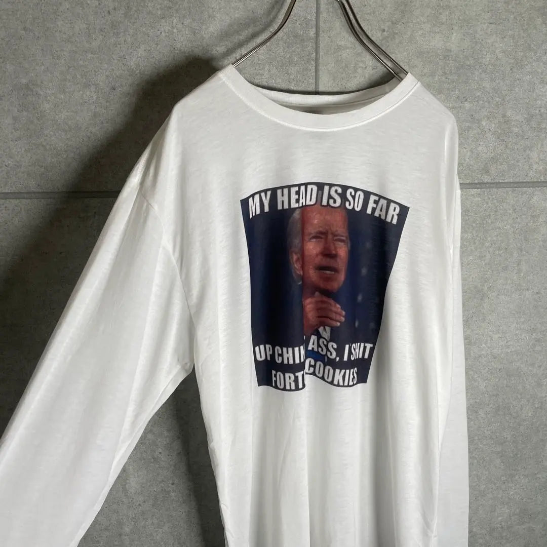 [Ropa usada] Camiseta vintage de manga larga, mensaje del presidente Biden, impresión a doble cara, color blanco