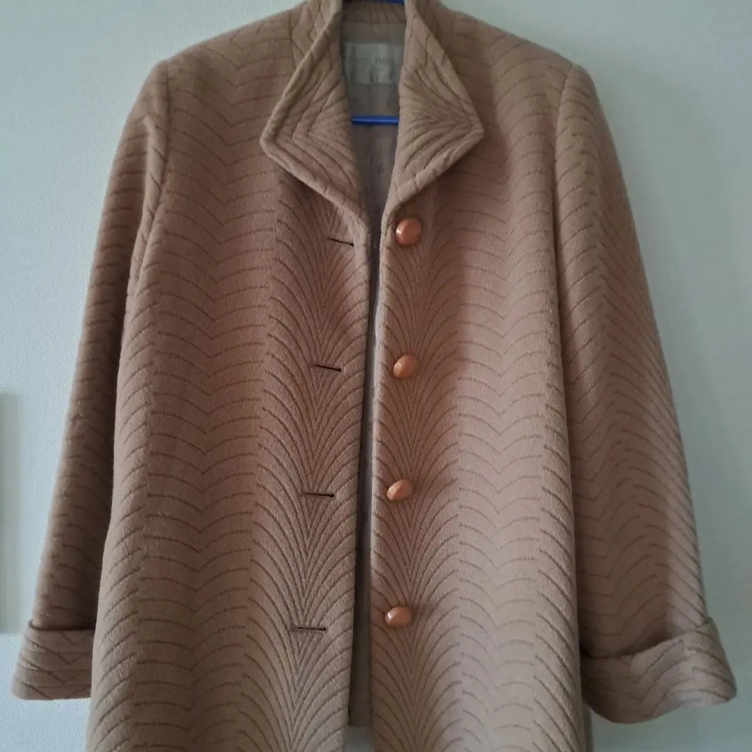 RECENTPIECE Wool Coat 100% Ango Beige Wave Pattern Free