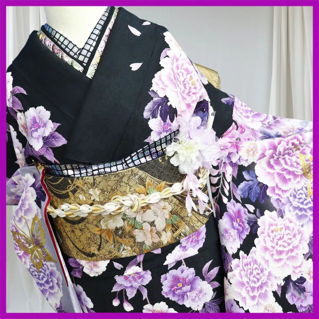 E2114★ Kimono Atsuyuki ★ Two-piece furisode set ★ Luxurious flower pattern that stands out against a black background