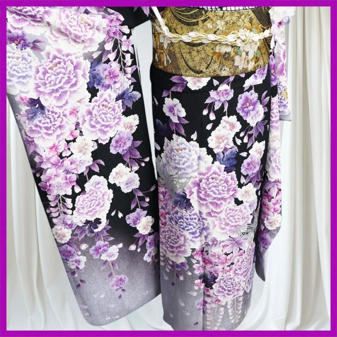 E2114★ Kimono Atsuyuki ★ Two-piece furisode set ★ Luxurious flower pattern that stands out against a black background