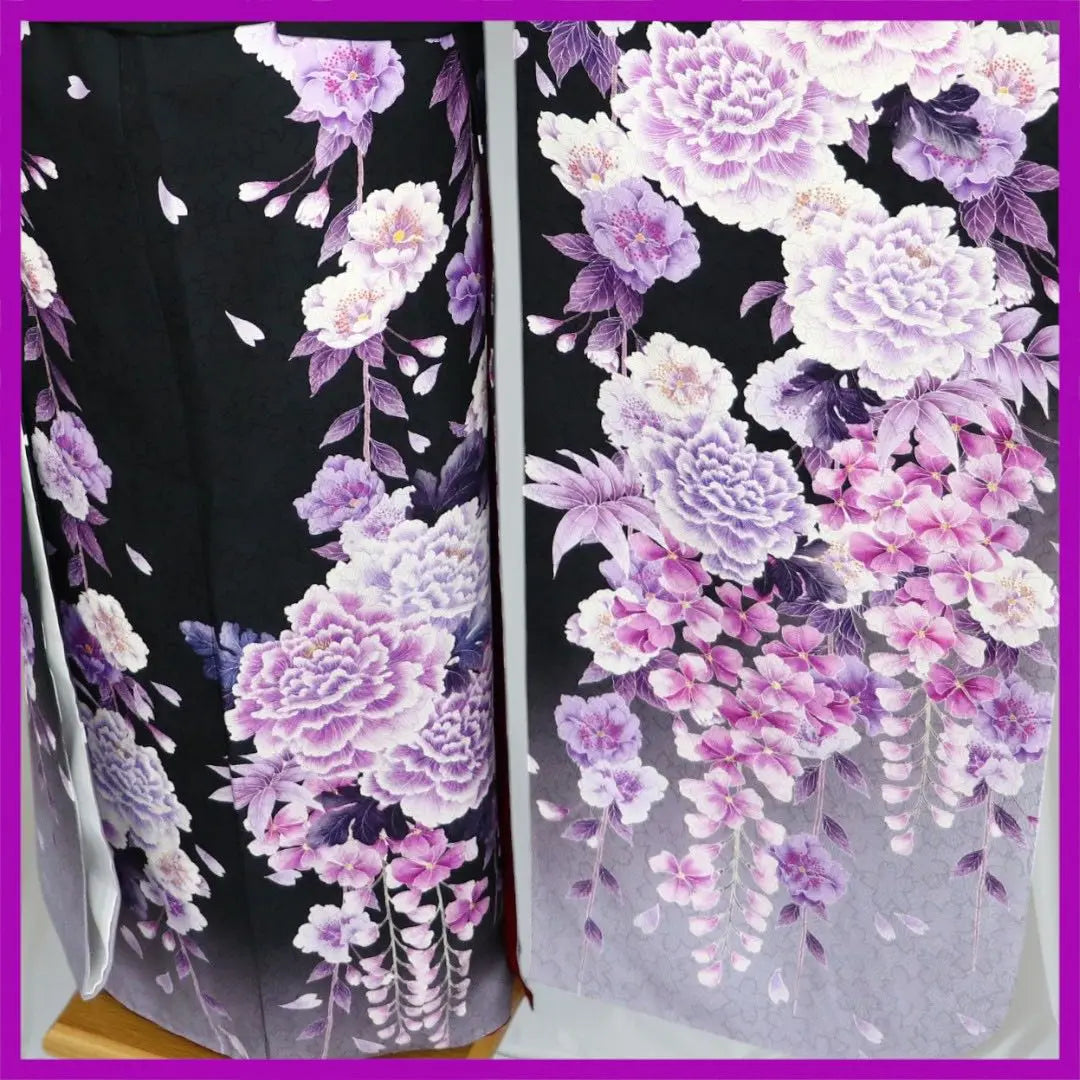 E2114★ Kimono Atsuyuki ★ Two-piece furisode set ★ Luxurious flower pattern that stands out against a black background