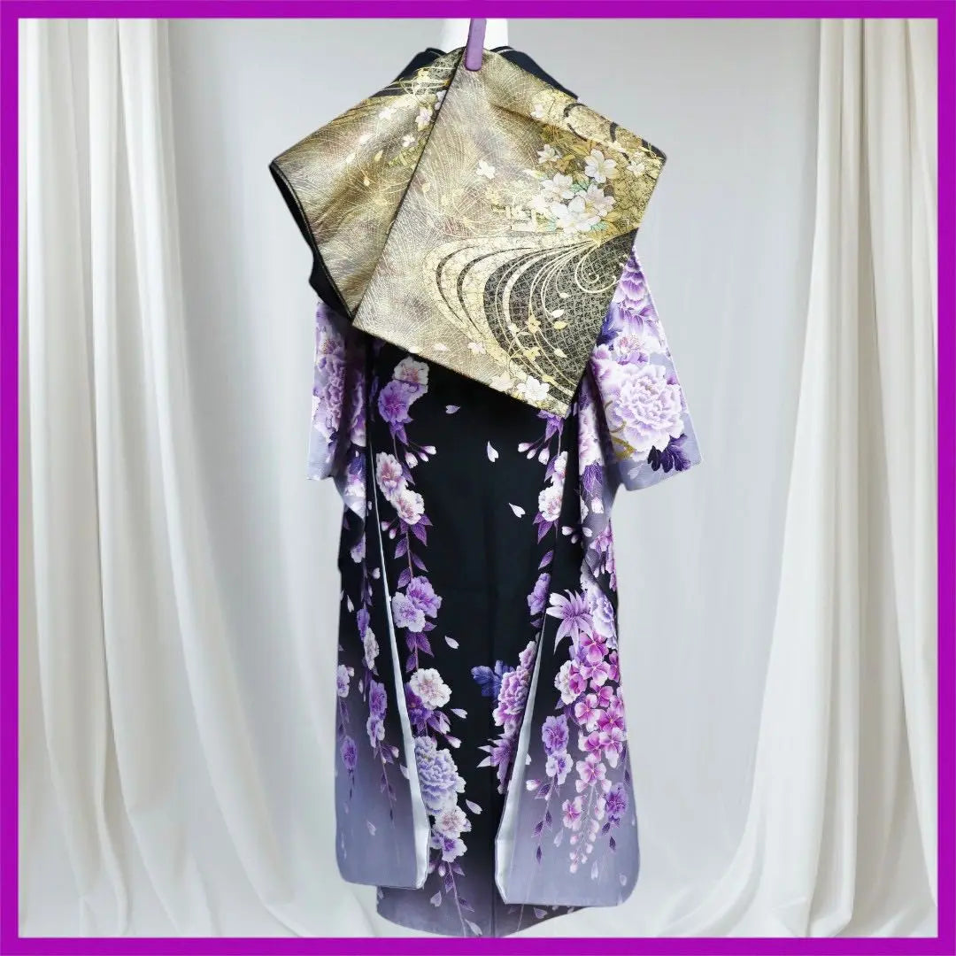 E2114★ Kimono Atsuyuki ★ Two-piece furisode set ★ Luxurious flower pattern that stands out against a black background