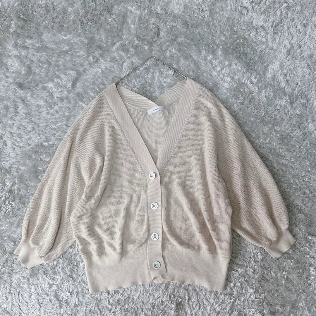 JEANASIS Knit Cardigan 3/4 Sleeve (F) Beige Loose Dowel Plain