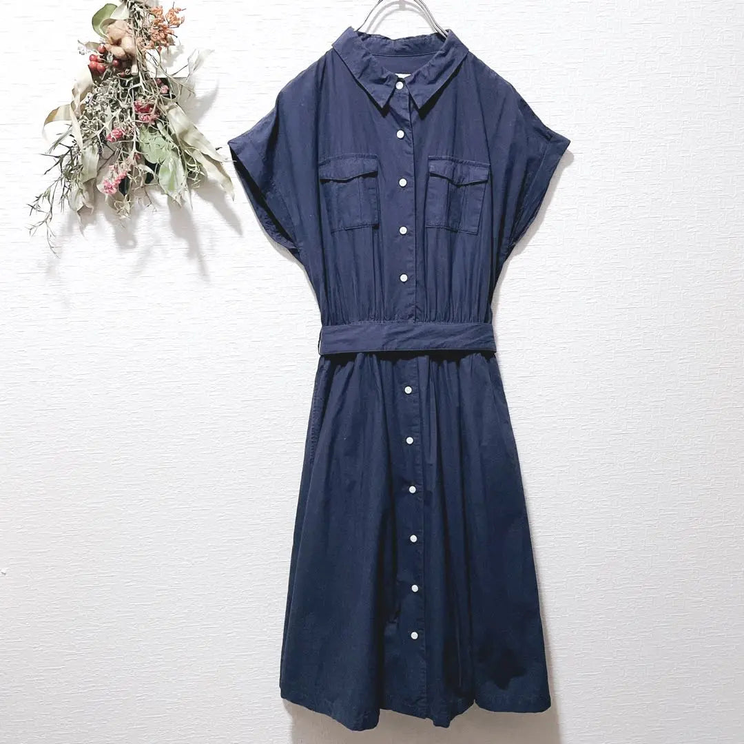 [Raybeas] Shirt dress, knee length, short sleeve, collar, ribbon, casual belt