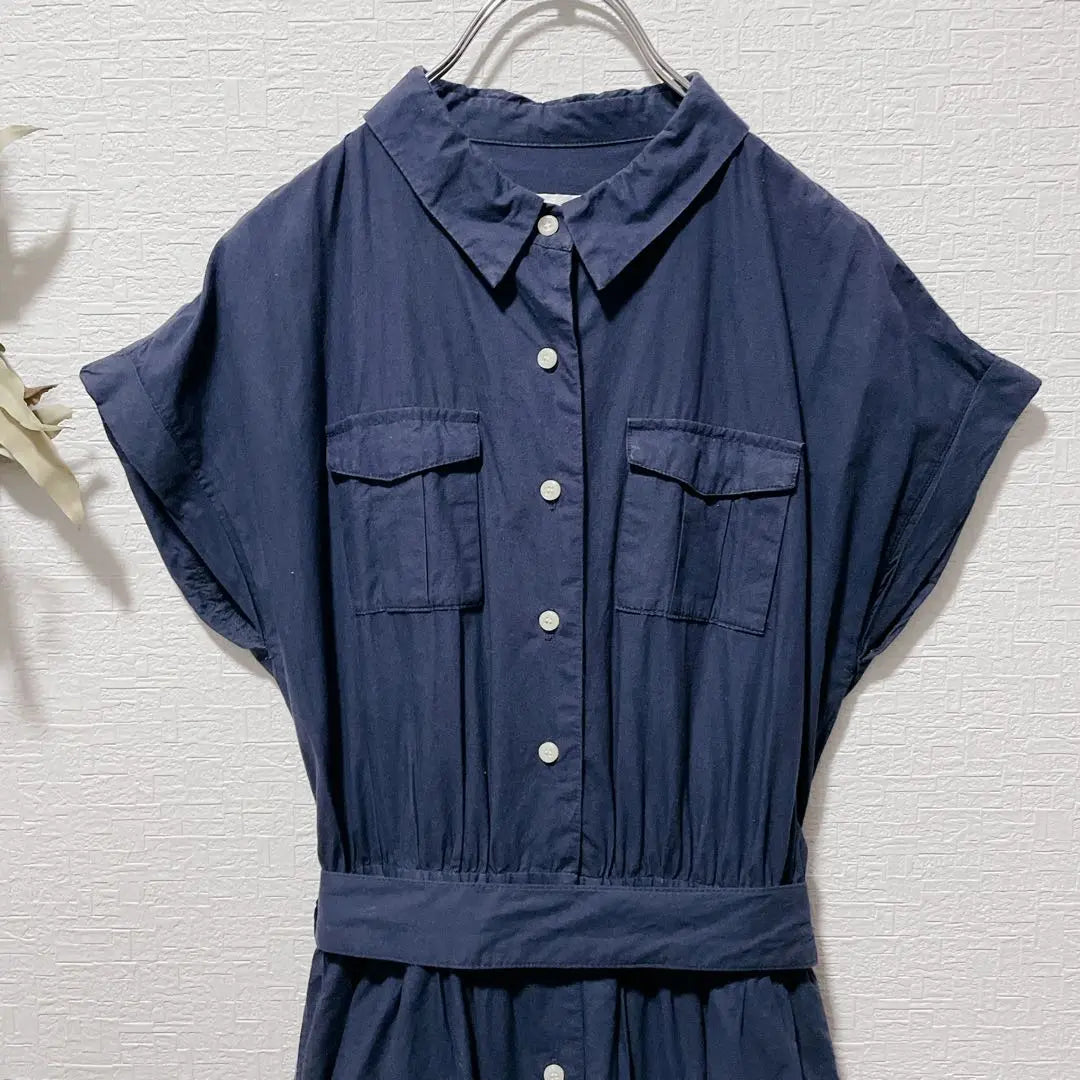 [Raybeas] Shirt dress, knee length, short sleeve, collar, ribbon, casual belt