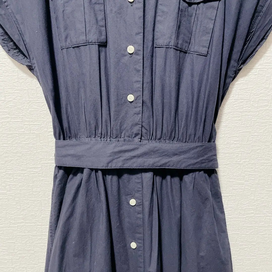 [Raybeas] Shirt dress, knee length, short sleeve, collar, ribbon, casual belt