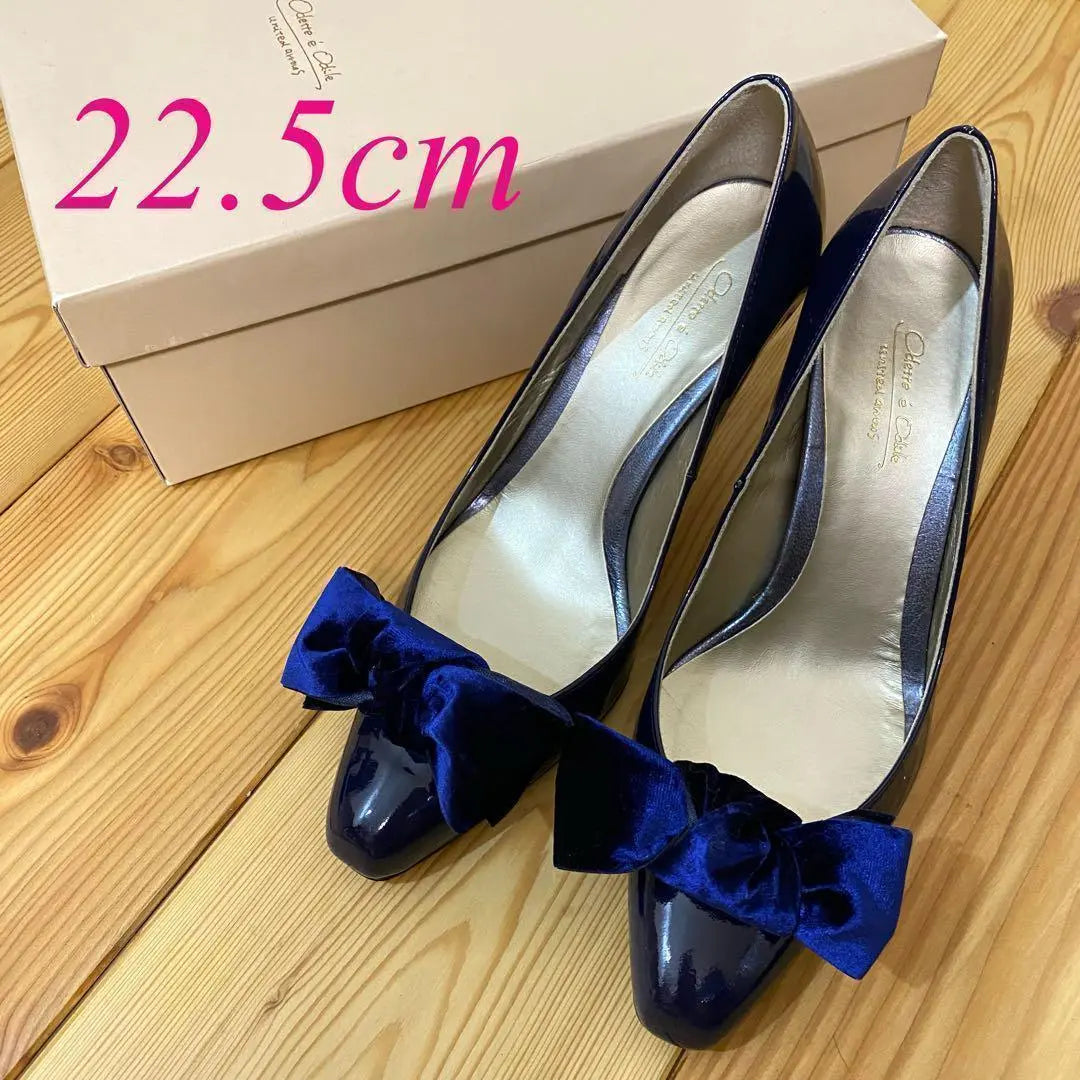 [Extremely beautiful] Odette Eodale 22.5 Square Toe Pumps Blue 2way Ribbon