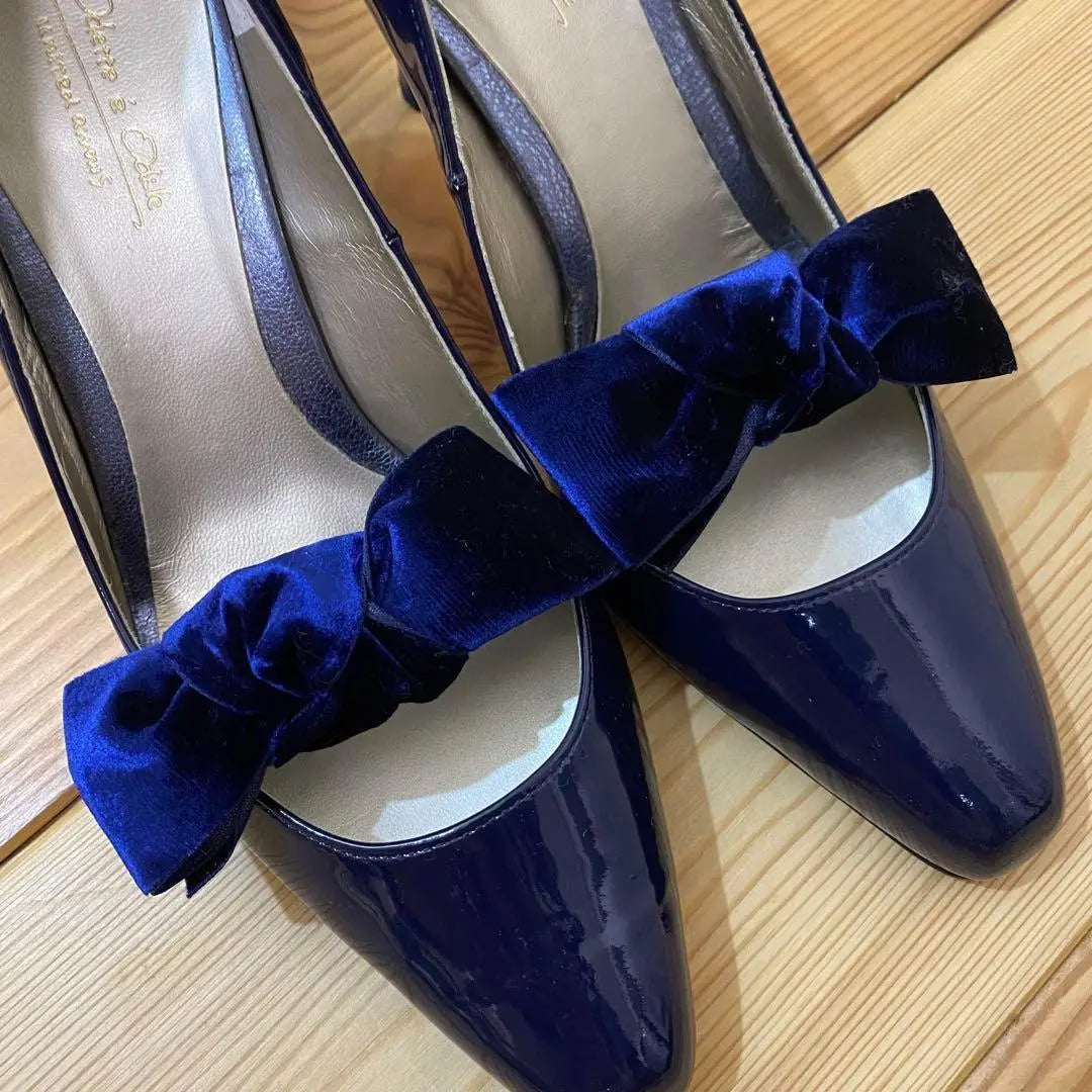 [Extremely beautiful] Odette Eodale 22.5 Square Toe Pumps Blue 2way Ribbon