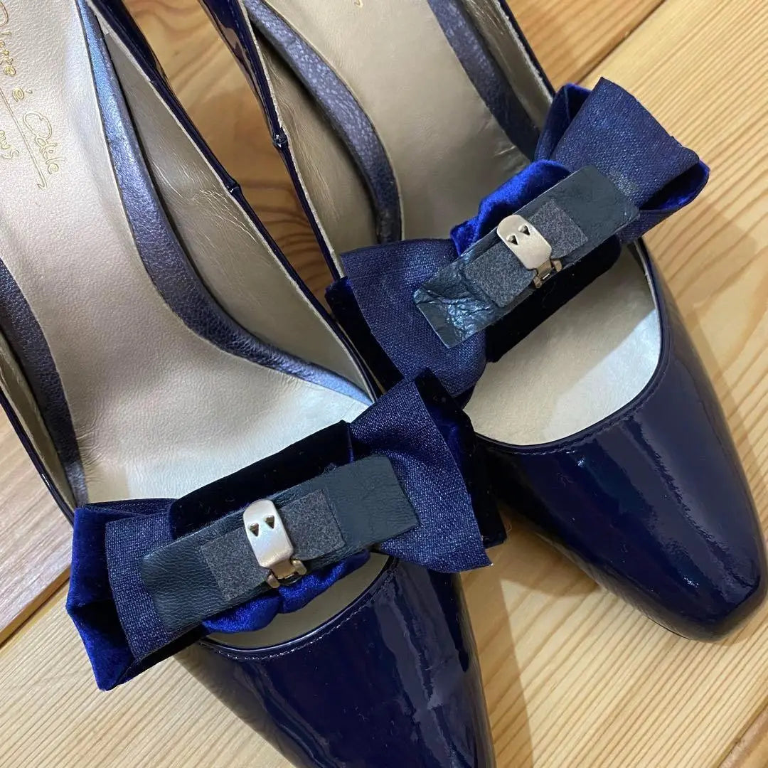 [Extremely beautiful] Odette Eodale 22.5 Square Toe Pumps Blue 2way Ribbon