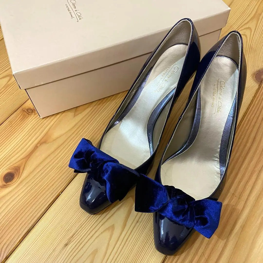 [Extremely beautiful] Odette Eodale 22.5 Square Toe Pumps Blue 2way Ribbon