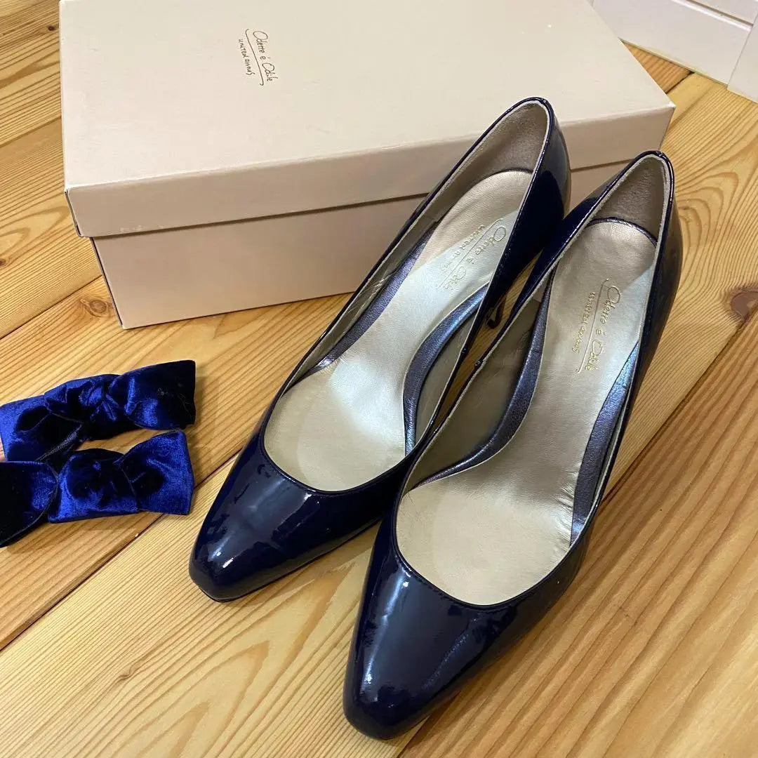 [Extremely beautiful] Odette Eodale 22.5 Square Toe Pumps Blue 2way Ribbon