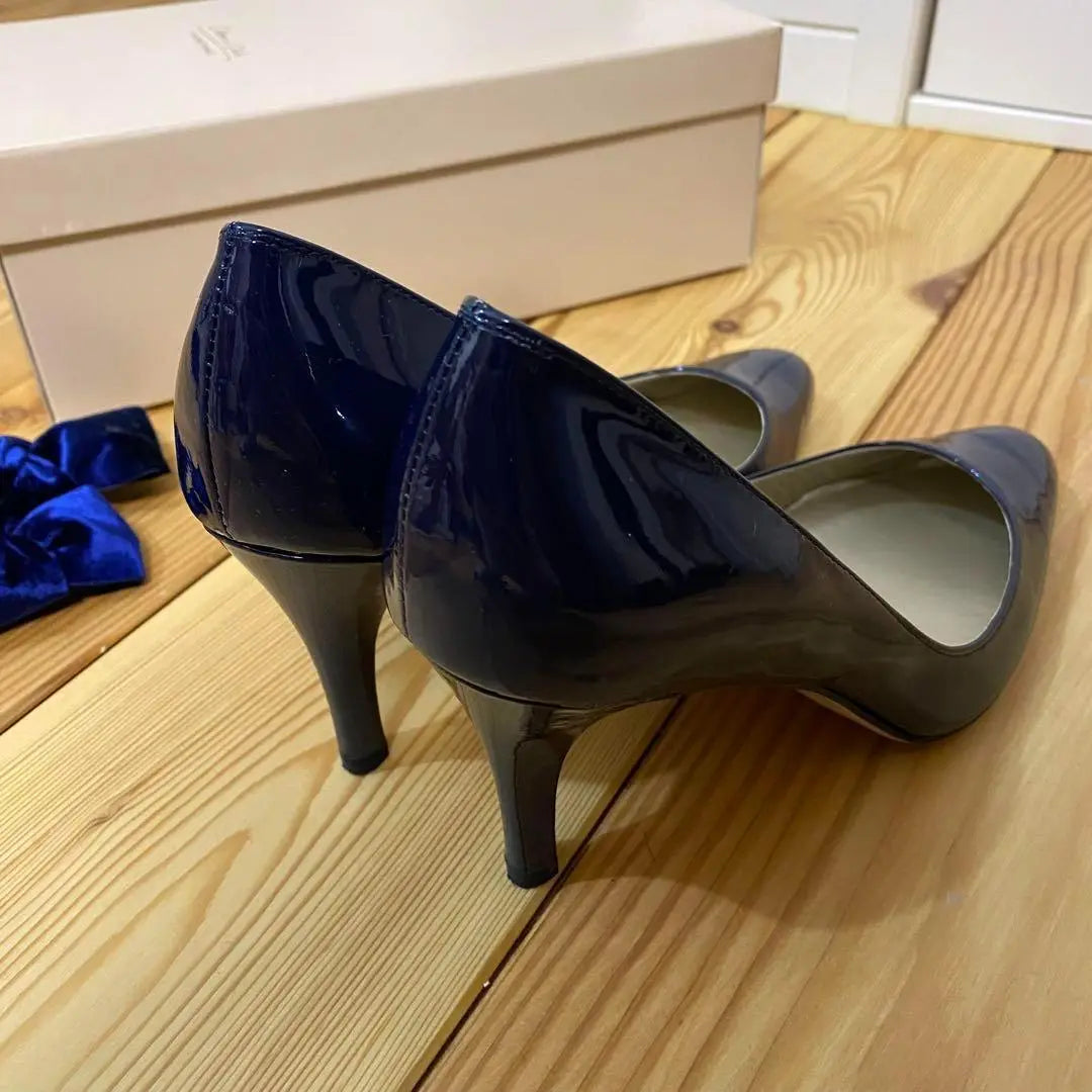 [Extremely beautiful] Odette Eodale 22.5 Square Toe Pumps Blue 2way Ribbon