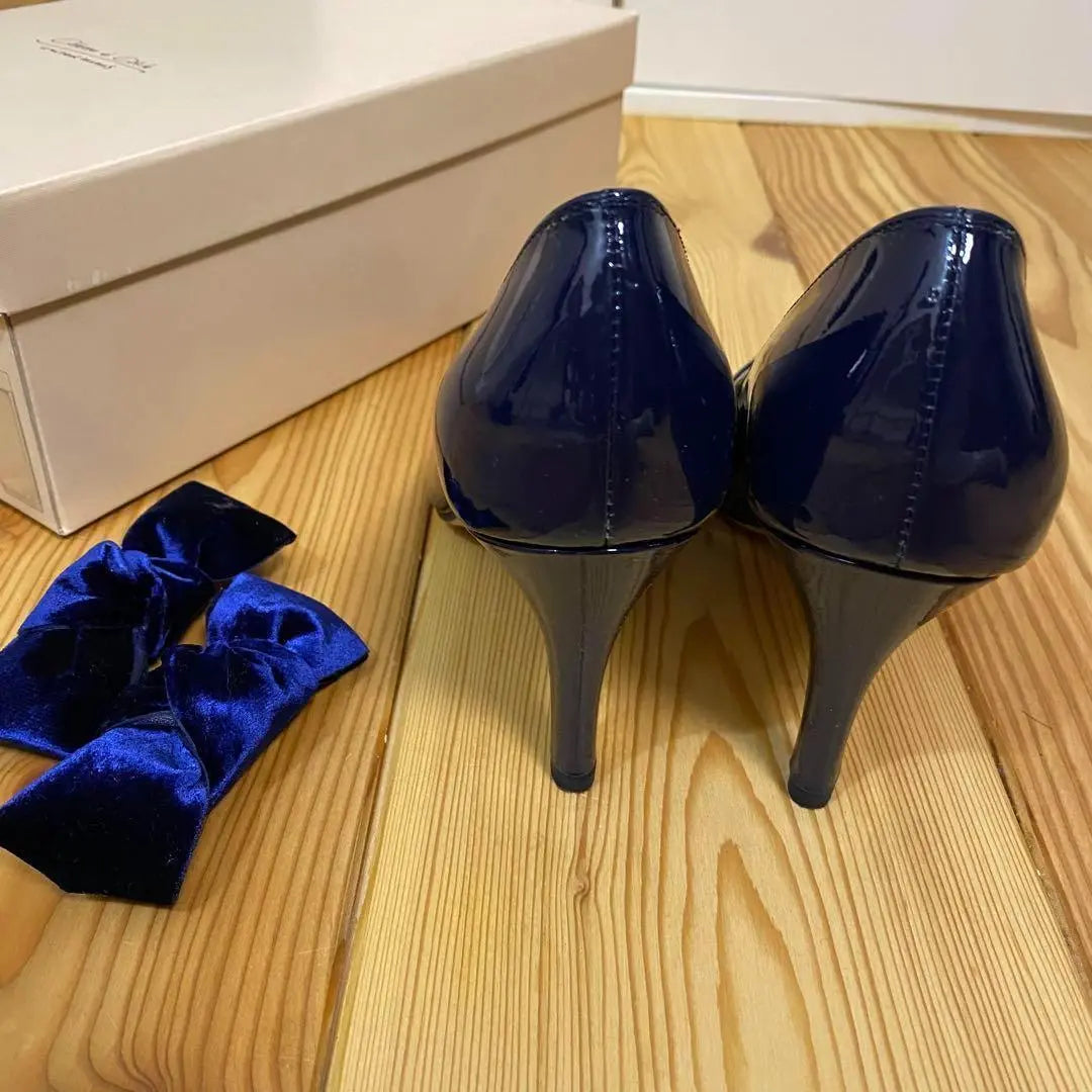 [Extremely beautiful] Odette Eodale 22.5 Square Toe Pumps Blue 2way Ribbon