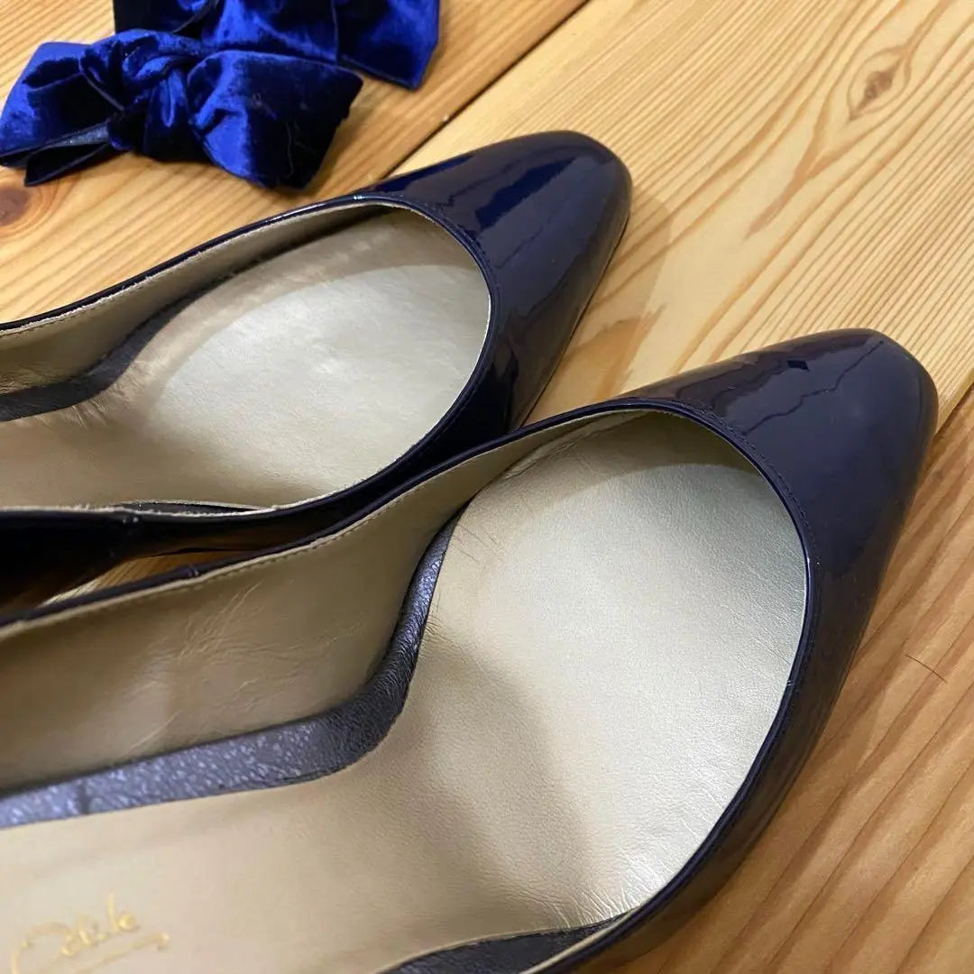 [Extremely beautiful] Odette Eodale 22.5 Square Toe Pumps Blue 2way Ribbon