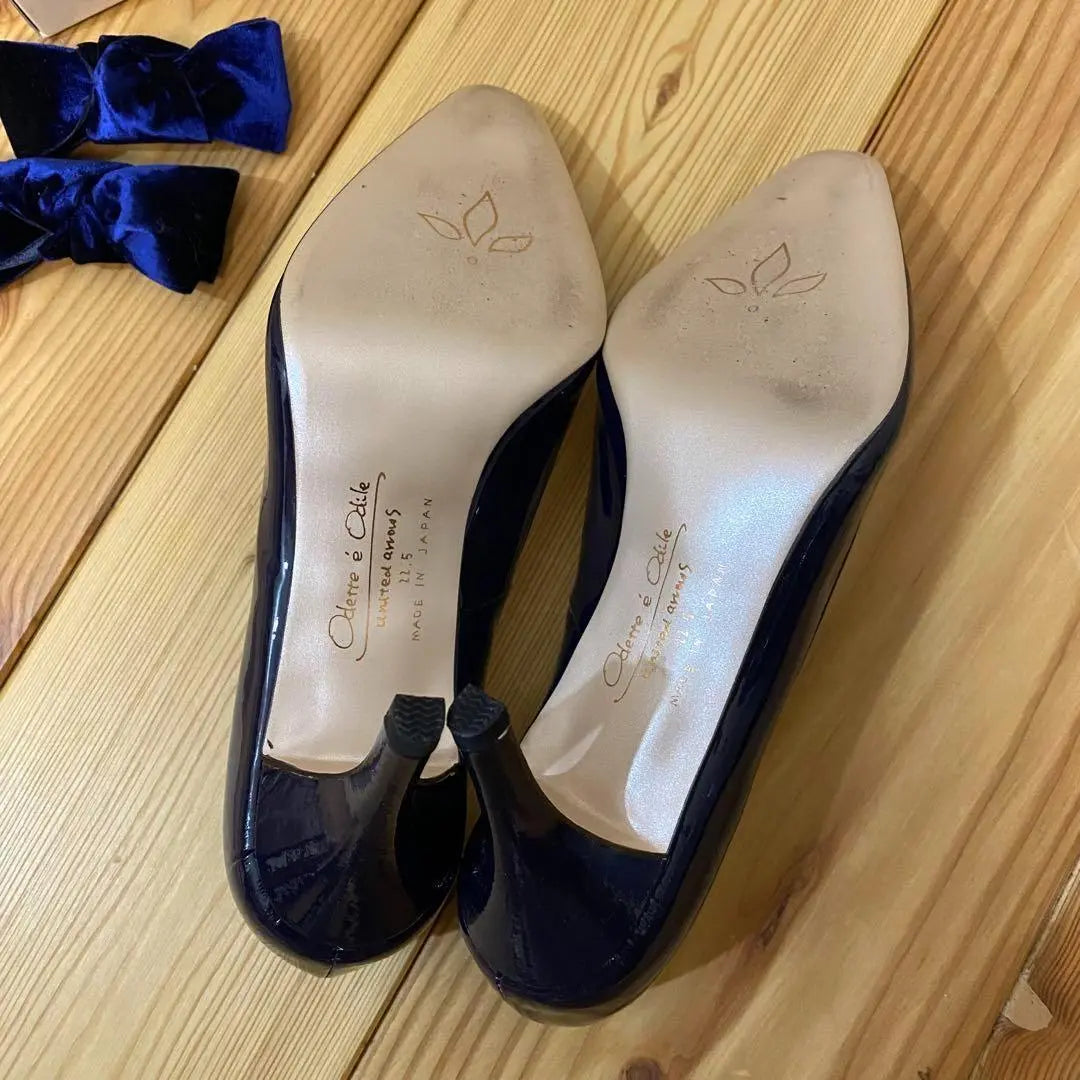 [Extremely beautiful] Odette Eodale 22.5 Square Toe Pumps Blue 2way Ribbon