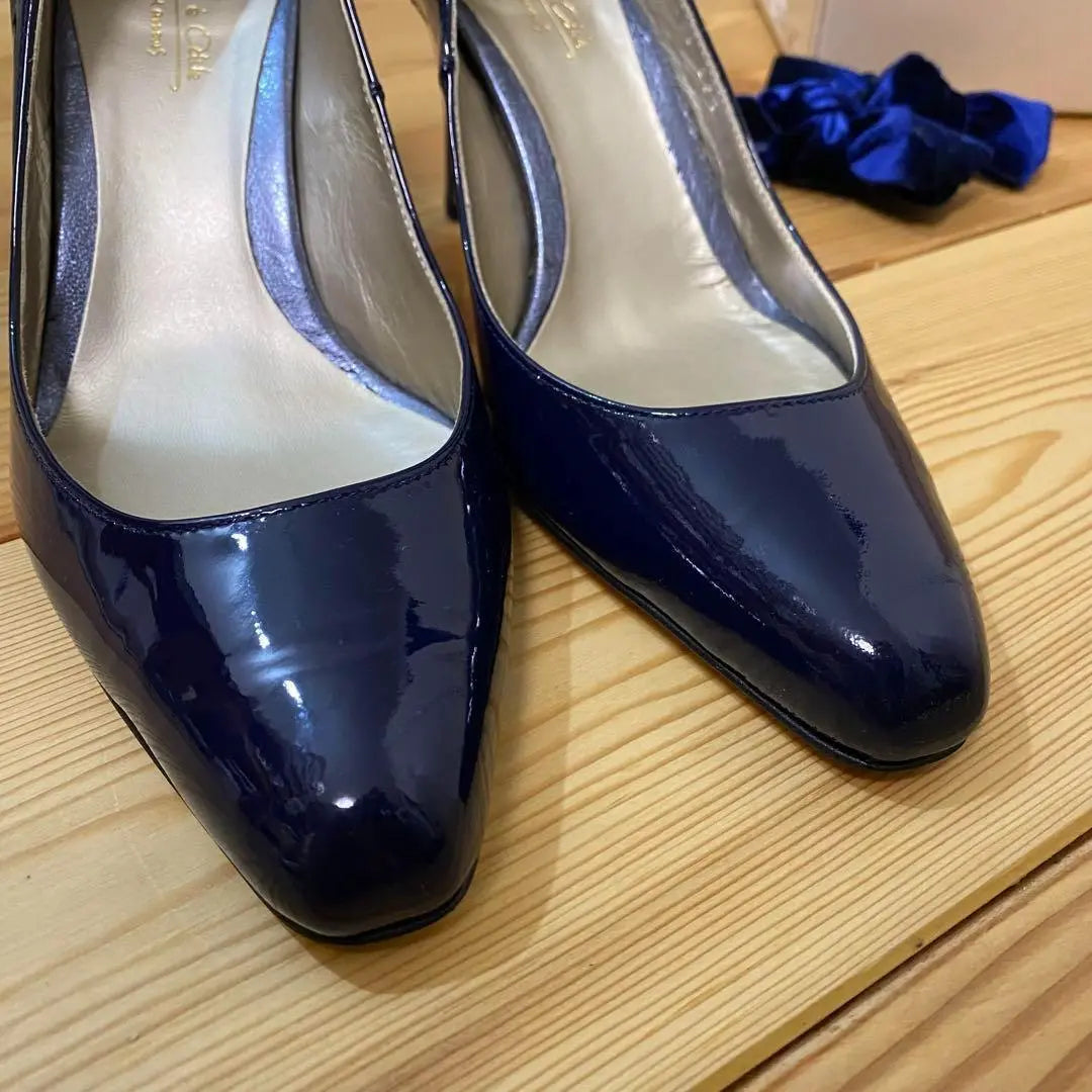 [Extremely beautiful] Odette Eodale 22.5 Square Toe Pumps Blue 2way Ribbon