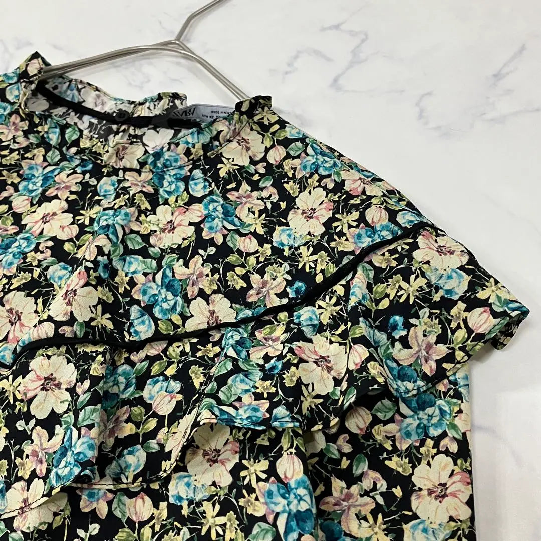 ZARA Switching Different Materials Floral Frill Button Tuck Long Sleeve Tunic XS