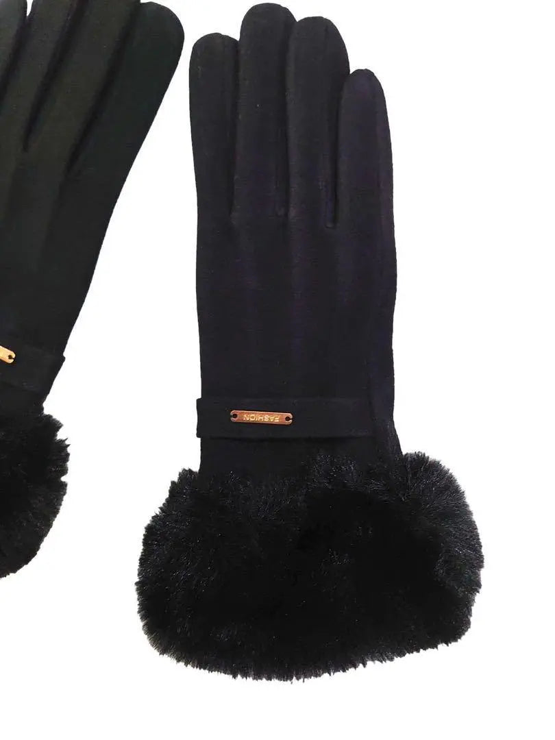 New, fur, gloves, cute, high quality, smartphone-operable, warm, fleece fabric, black