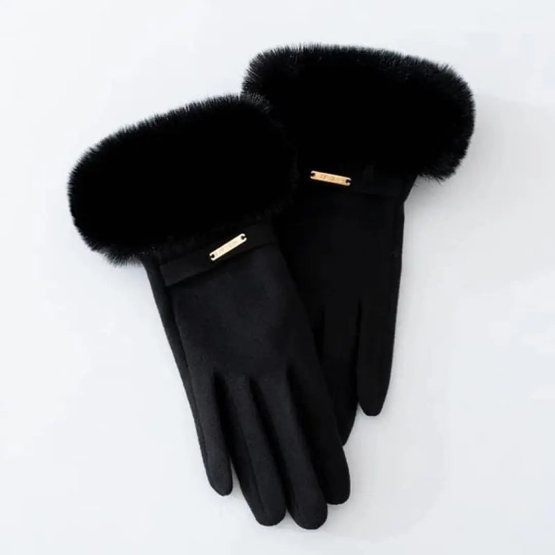 New, fur, gloves, cute, high quality, smartphone-operable, warm, fleece fabric, black