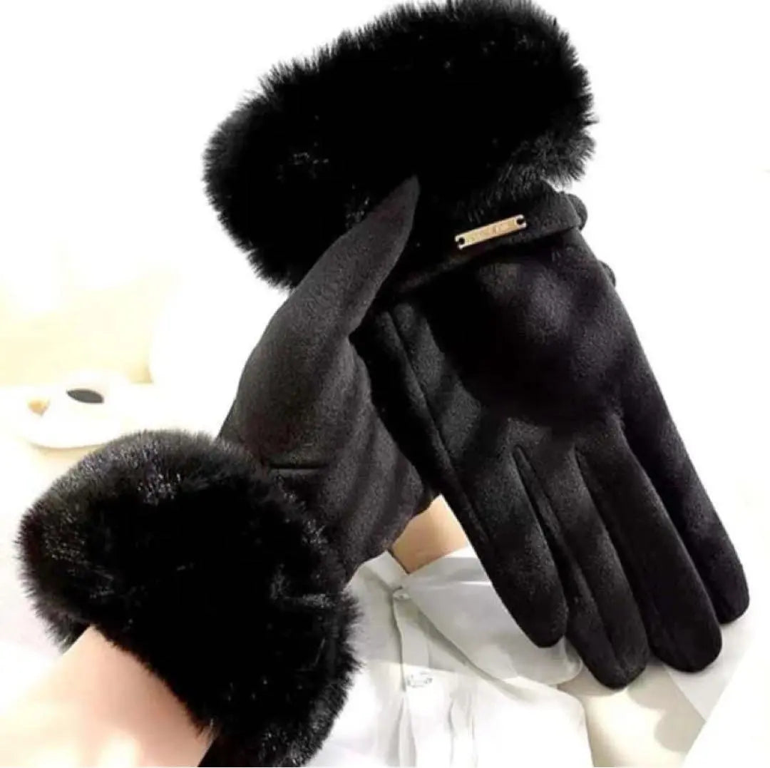 New, fur, gloves, cute, high quality, smartphone-operable, warm, fleece fabric, black