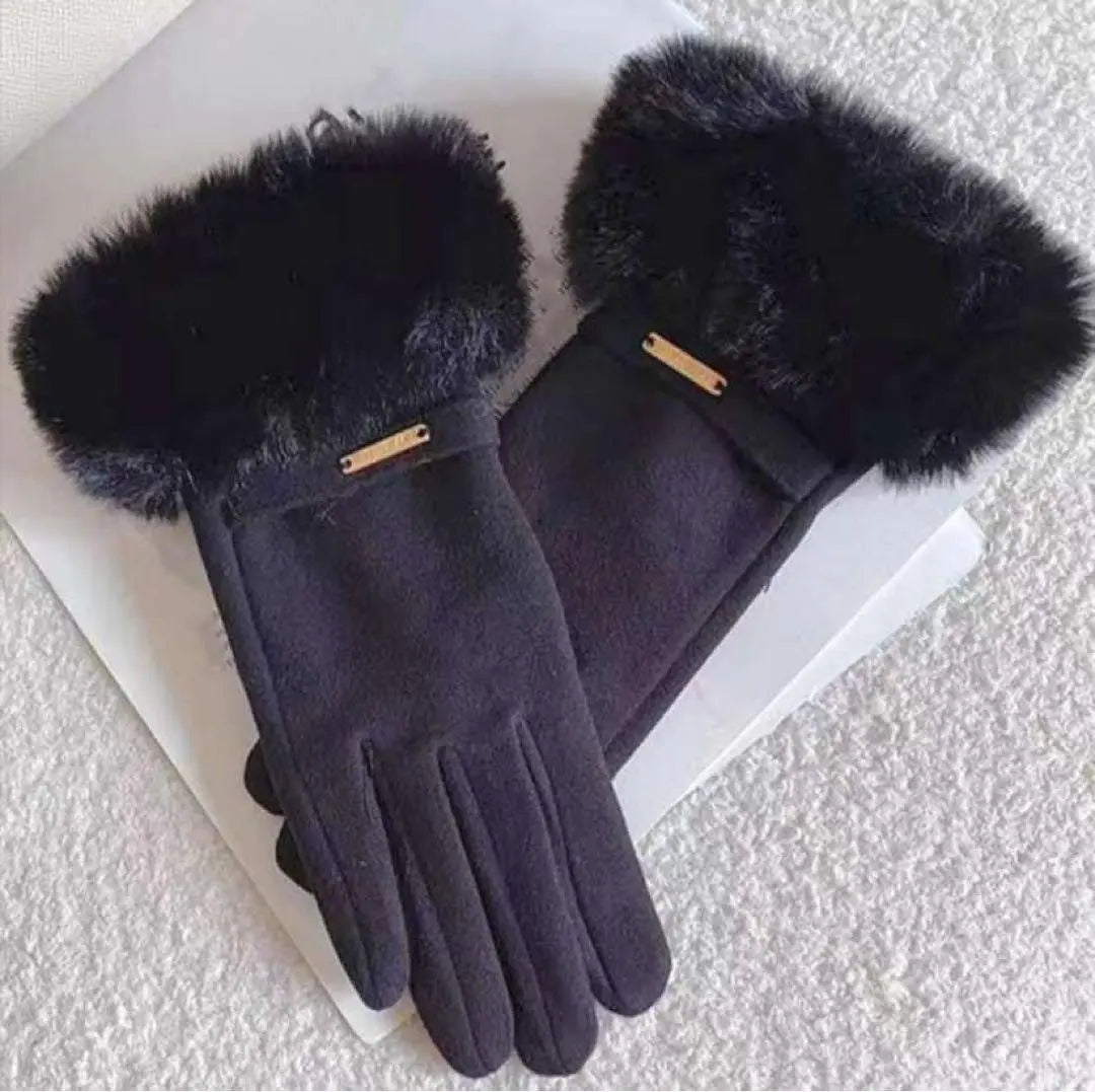 New, fur, gloves, cute, high quality, smartphone-operable, warm, fleece fabric, black