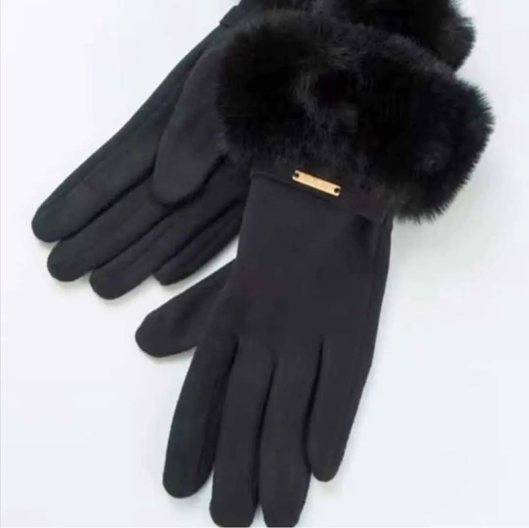 New, fur, gloves, cute, high quality, smartphone-operable, warm, fleece fabric, black