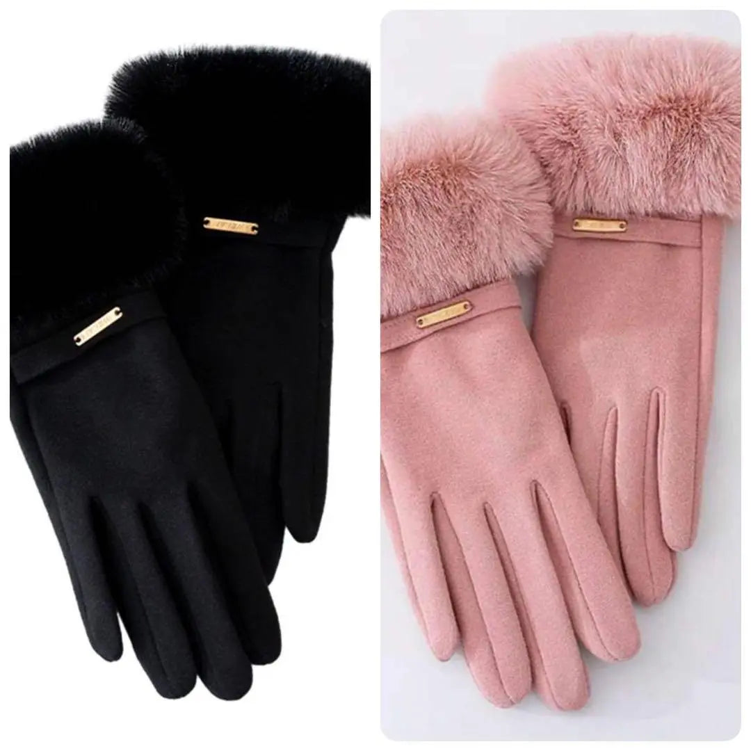 New, fur, gloves, cute, high quality, smartphone-operable, warm, fleece fabric, black