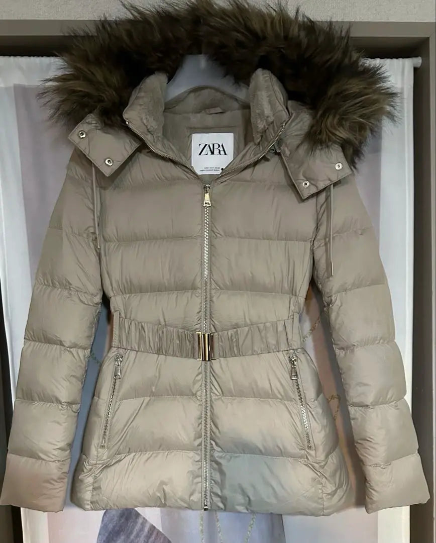 ZARA Boa Belt A-Line Down Coat Beige