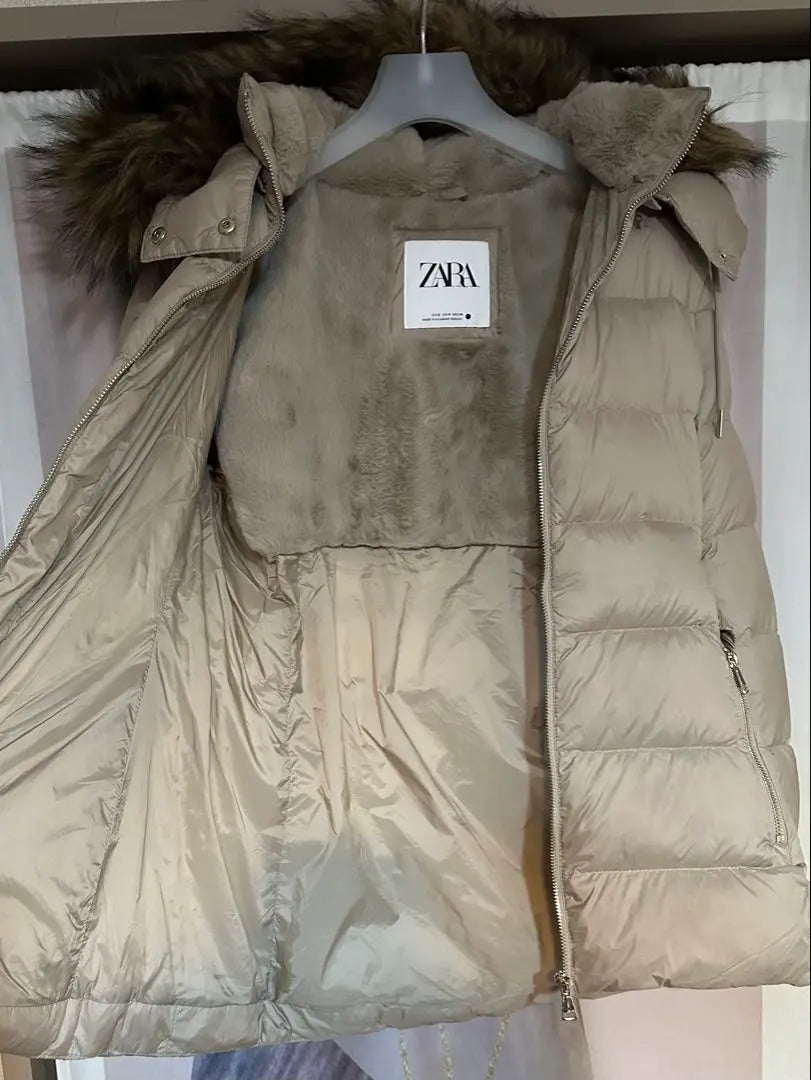 ZARA Boa Belt A-Line Down Coat Beige