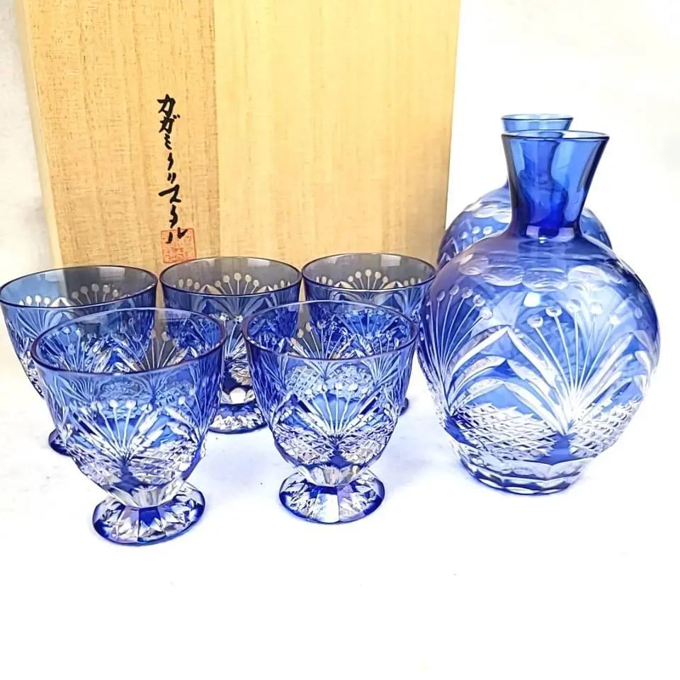 〇Beautiful condition 〇Kagami Crystal Nemoto Yukio Sakeware Set Tokuri Boil Cup Box included