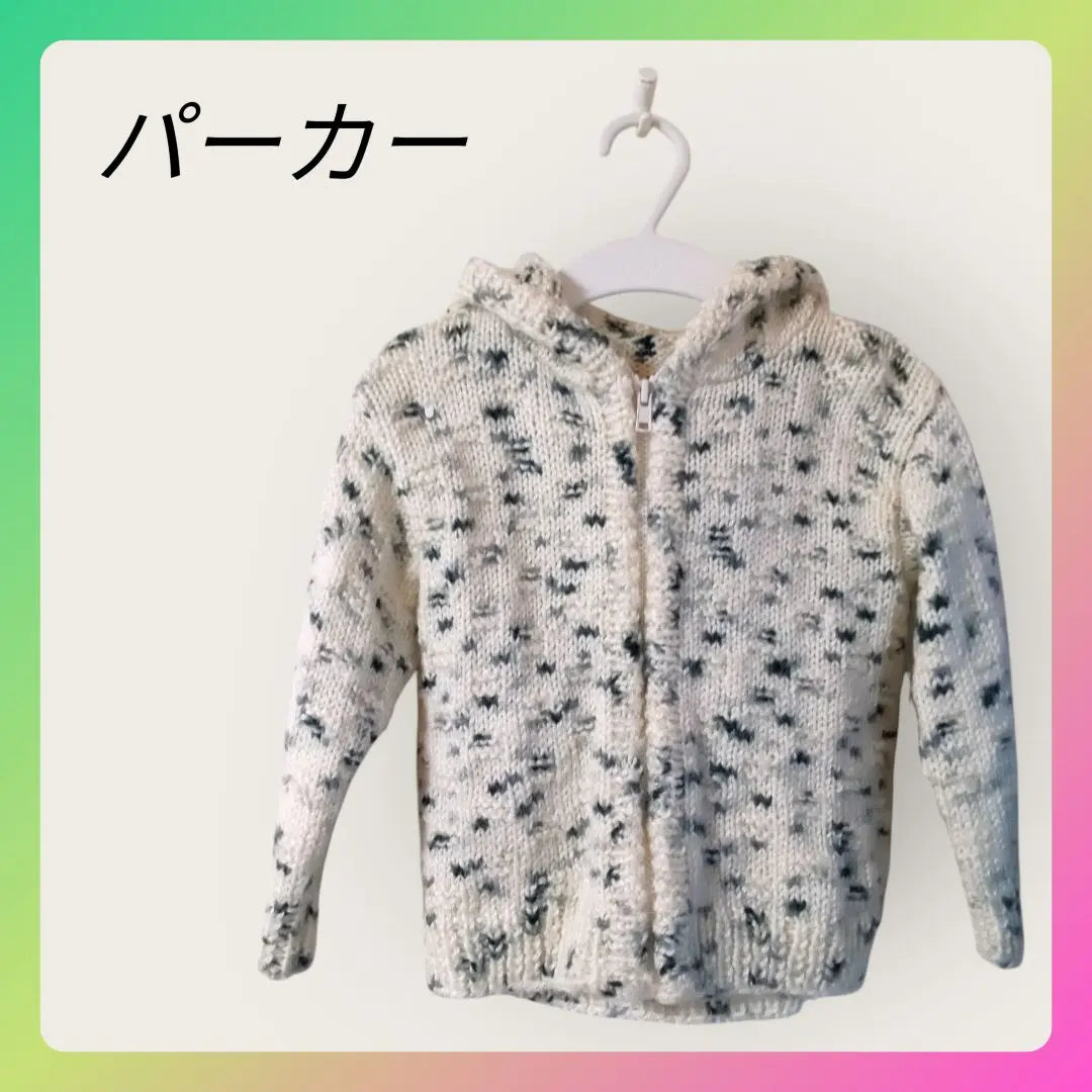 Parker ❀ Long sleeve ❀ zip -up ❀ white ❀ green ❀ Mora pattern ❀ Hand knitting ❀ wool ❀ 80 ❀ 70 | パーカー❀長袖❀ジップアップ❀白❀緑❀まだら模様❀手編み❀毛糸❀80❀70