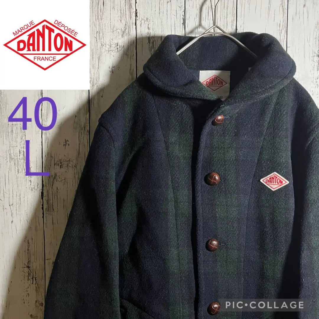 [Rare] DANTON Wool Mossa Peacoat Check Round Collar 40L Navy Blue Green