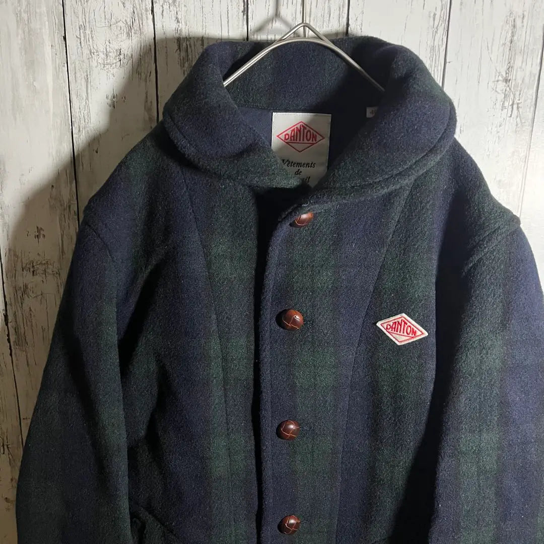 [Rare] DANTON Wool Mossa Peacoat Check Round Collar 40L Navy Blue Green