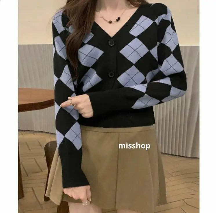 ◇Autumn/Winter Collection◇Argyle pattern knit cardigan retro Korean fashion