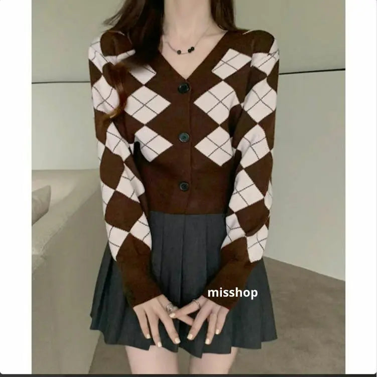 ◇Autumn/Winter Collection◇Argyle pattern knit cardigan retro Korean fashion